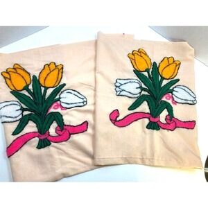 2 Vtg Handmade Pillow Cases Yellow & White Tulips & Pink Bow Loop Puch Stitch